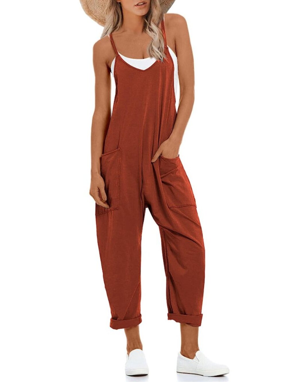 Women's Causal Jumpsuits V Neck Sleeveless Harem Overalls Stretchy Adjustable